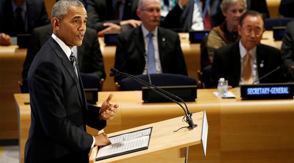 الرئيس الأمريكي باراك أوباما متحدثاً أثناء الجمعية العامة للأمم المتحدة(رويترز)