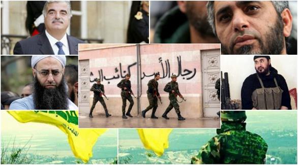 الصور من اليمين إلى اليسار: فضل شاكر، رفيق الحريري، أبو مصعب الزرقاوي، عناصر من النظام السوري، أحمد الأسير، وعلم حزب الله(24)
