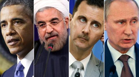 من اليمين إلى اليسار: الرئيس الروسي بوتين، ونظيره السوري بشار الأسد، والغيراني حسن روحاني، والأمريكي باراك أوباما(أرشيف)