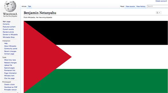 صفحة ويكيبيديا يظهر فيها العلم الفلسطيني