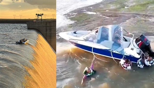 مشهد مرعب.. قارب يعلق على حافة شلال شاهق